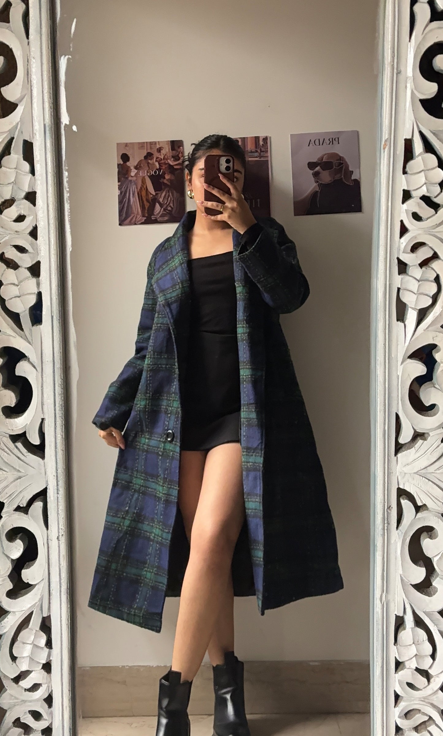 Dark Blue and Green Pattern Plaid Overcoat