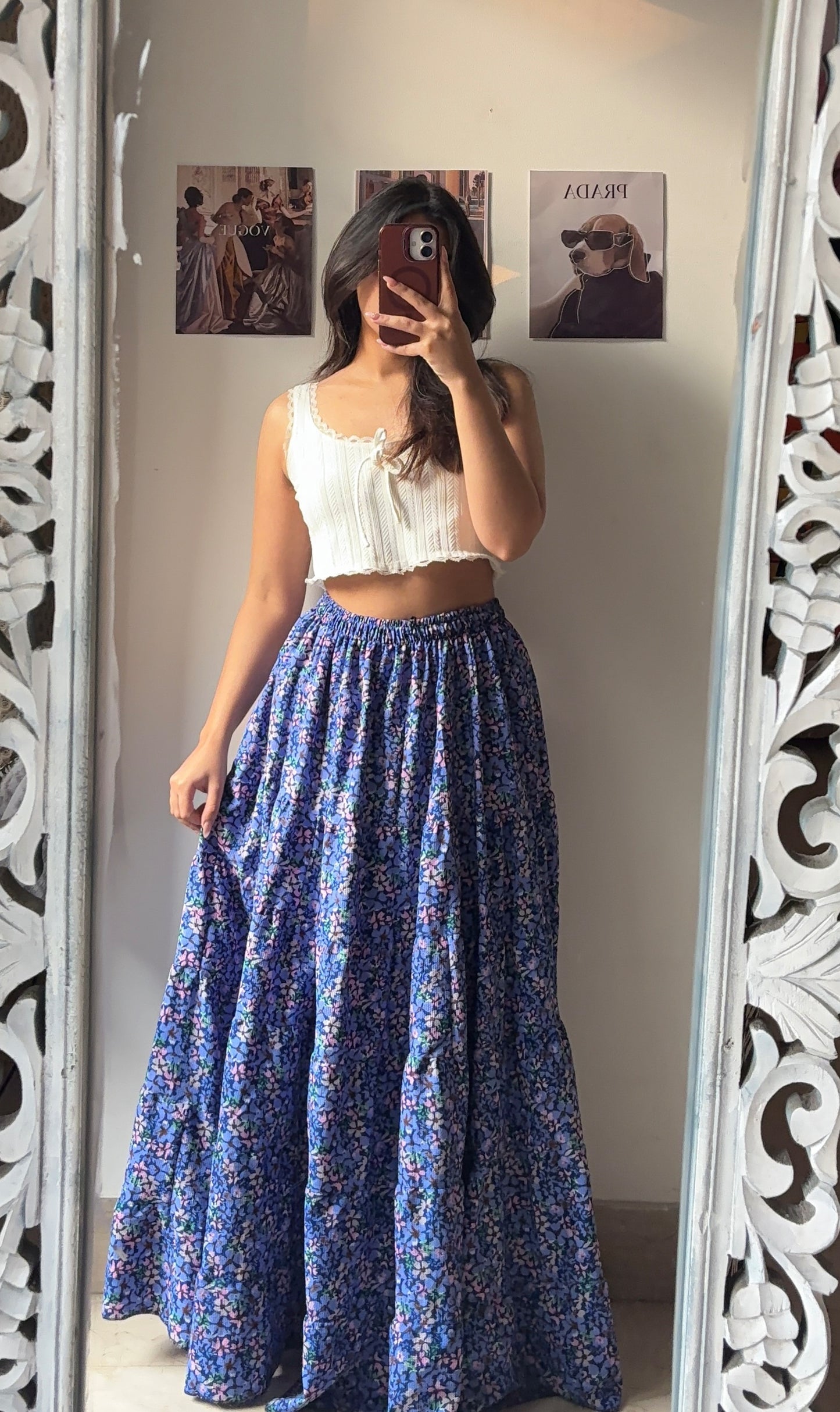 Blue Floral Flared Skirt